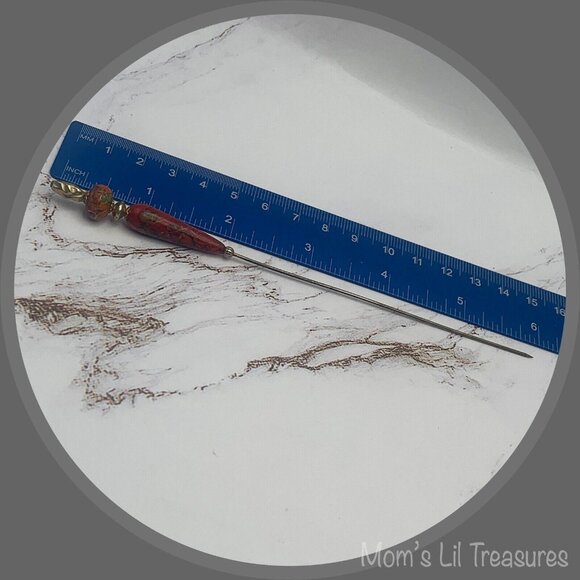 Brown Orange Teardrop Floral Design - Gold Tone• 6” Pin • Hatpin • 4/8 - Picture 4 of 9